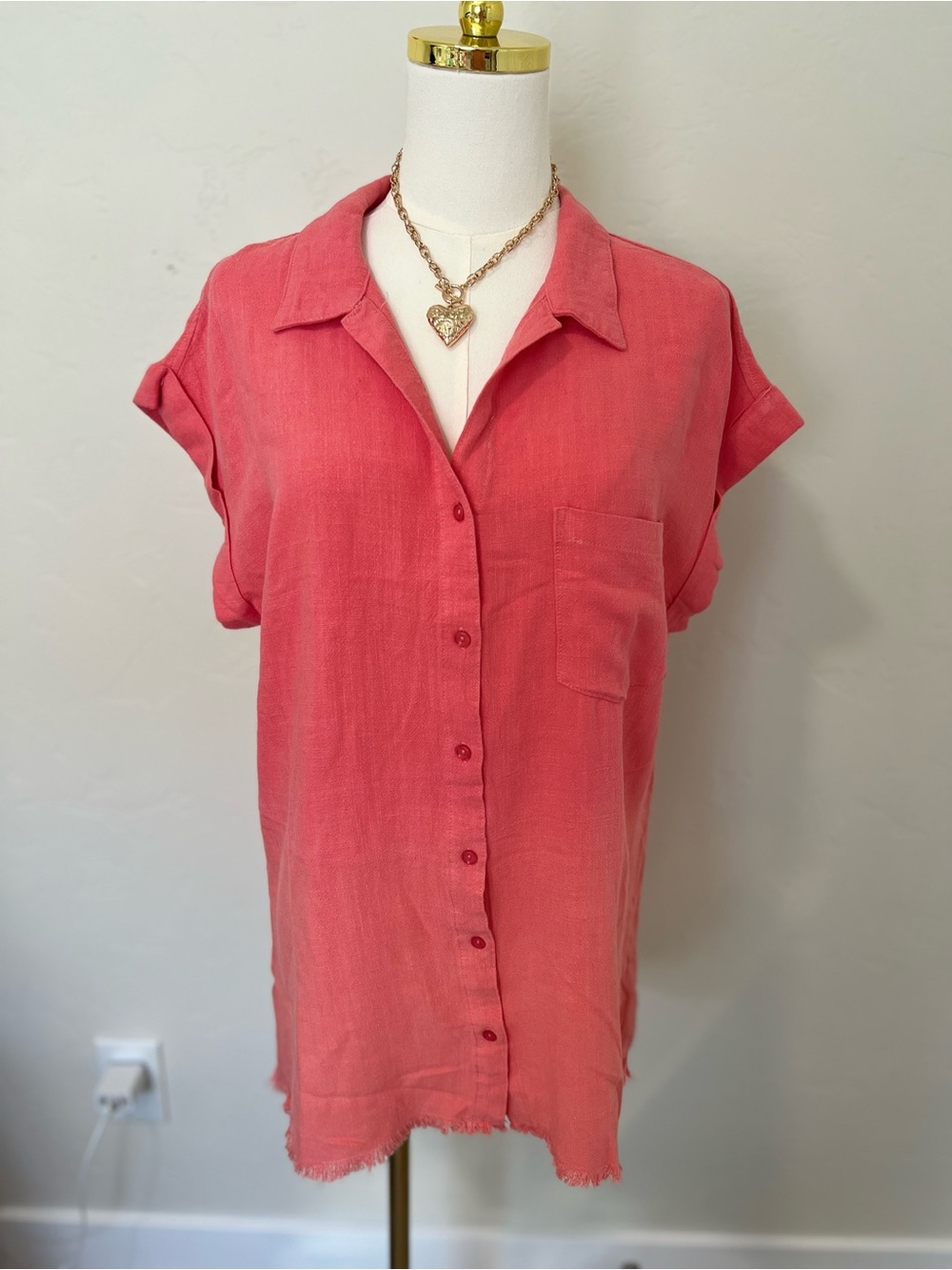 Umgee Women’s Pink Button-Front Relaxed Shirt NWT Linen Blend~S